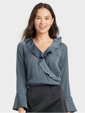 a new day Slate Blue Ruffle-Trim V-Neck Blouse